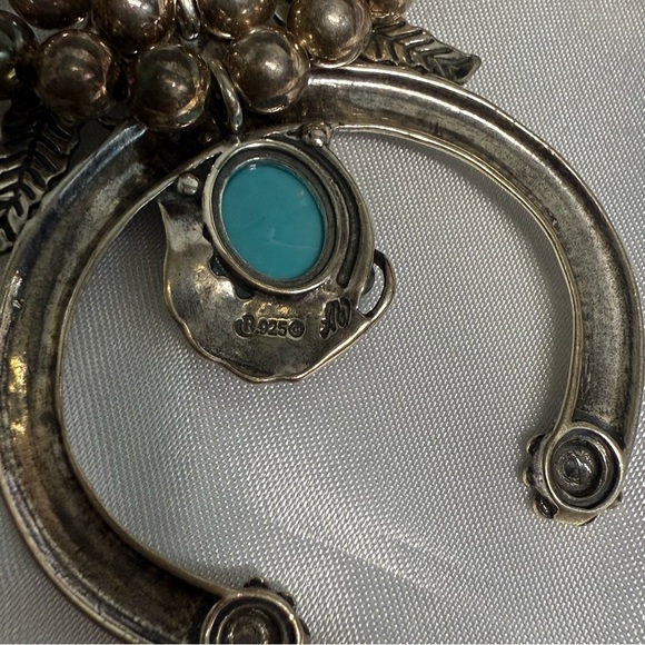 Sterling Silver Squash Blossom Necklace with Turquoise, Signed AW - Picture 9 of 13